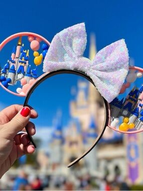 Disney Sequin Bow Castle Ear Headband - Pastel Pink & Iridescent